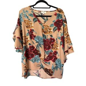 Umgee Tan Floral Flutter Sleeves Top